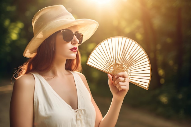 Vrouw hand ventilator lijdt hitte Zomertijd oververhitting buiten probleem dame Generate Ai