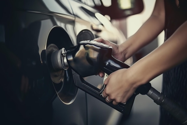 Vrouw hand vullen van de auto brandstoftank AI gegenereerd