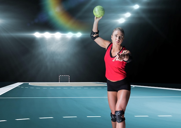 Vrouw handbal spelen in stadion