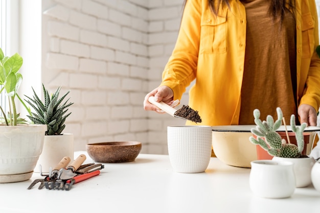 Vrouw handen afvoer en bodem aanbrengend een nieuwe bloempot