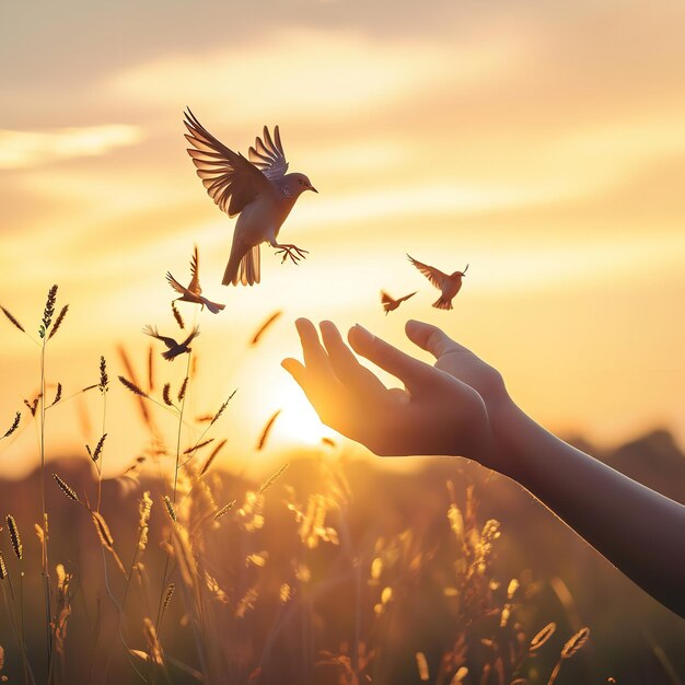 Foto vrouw handen bidden en vrije vogel genieten van de natuur ai generatieve