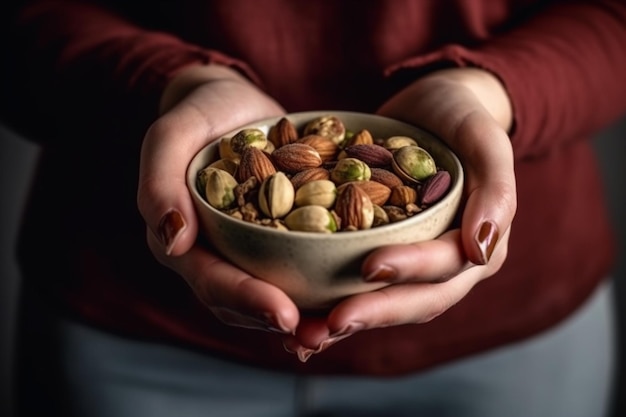 Vrouw handen met kom met noten Walnoot pistachenoten amandelen hazelnoten