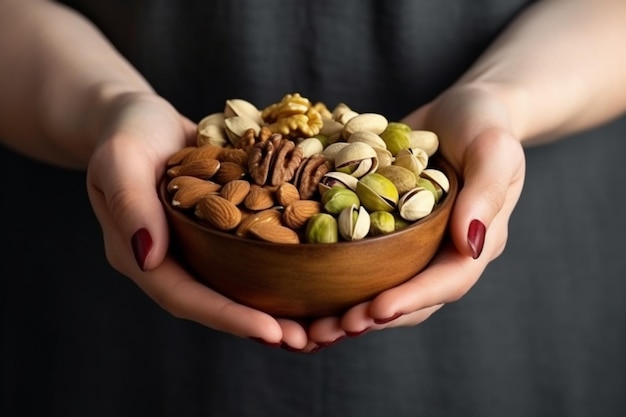 Vrouw handen met kom met noten Walnoot pistachenoten amandelen hazelnoten