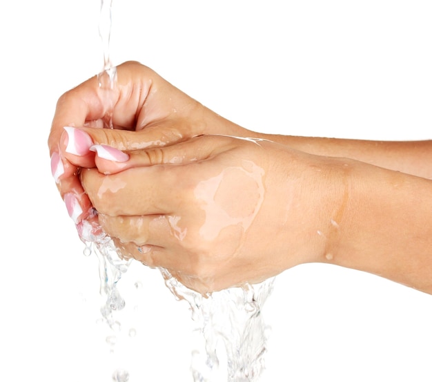 Vrouw handen wassen op witte achtergrond close-up