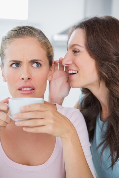 Vrouw het vertellen geheim aan haar vriend terwijl het drinken van koffie