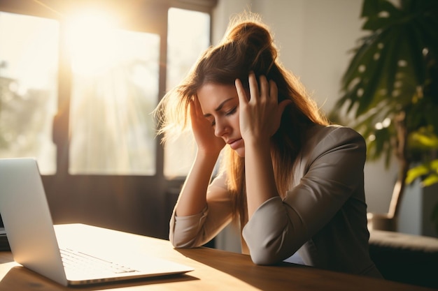 Vrouw hoofdpijn kantoor benadrukt zakelijk probleem ongelukkige laptop persoon stress baan zitten pijn zakenvrouw werken vermoeide computer werkplek trieste vrouw