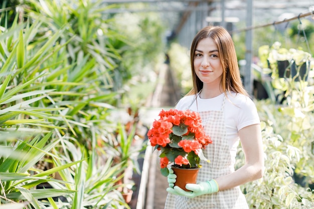 Vrouw houdt een pot met bloemen in haar handen groeit planten te koop plant als geschenk bloemen in een kas potplant