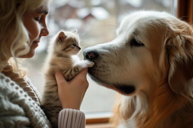 Foto vrouw houdt kitten dicht bij grote honden gezicht voor snuiven