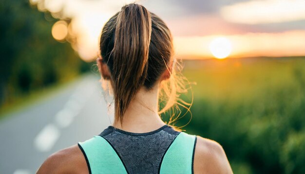 Vrouw in atletische kleding loopt vreugdevol bij zonsondergang en belichaamt gezondheid en vitaliteit.