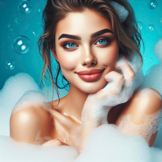 vrouw in bad met schuim en bubbels blauwe heldere achtergrond