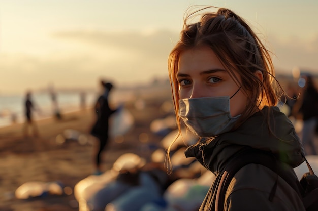 Vrouw in beschermend masker staat op een strand bij zonsondergang met andere vrijwilligers op de achtergrond hoog