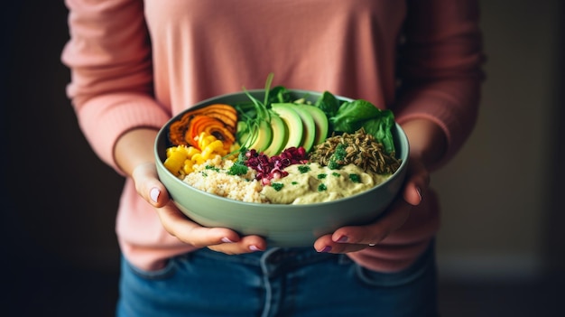 Vrouw in casual kleding houdt veganistische superbowl met hummus groenten salade bonen couscous avocado en smoothie ideaal voor diner of lunch