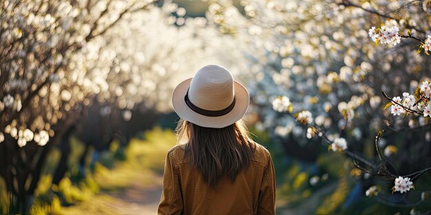 Foto vrouw in de kersentuin