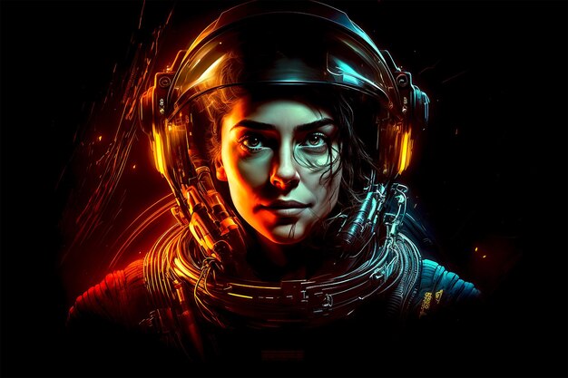 Vrouw in de ruimte Een digitaal schilderij van een biomechanische vrouw die een spacesuit draagt