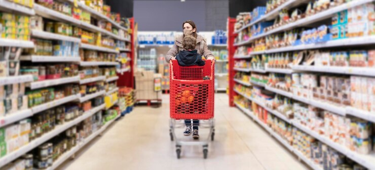 Vrouw in de supermarkt die samen met haar zoontje van drie boodschappen doet