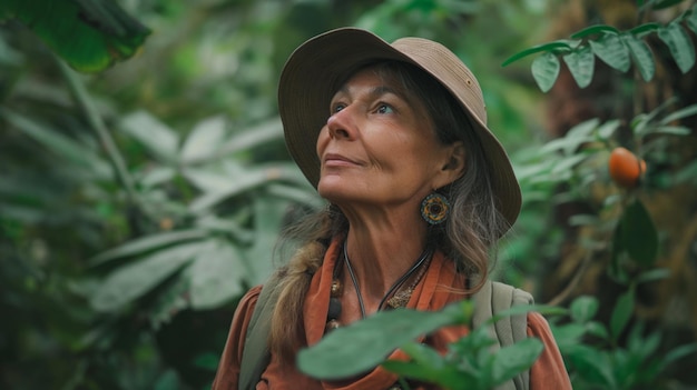 Vrouw in de vijftig midden in een jungle op vakantie reizen en plezier maken en rondkijken