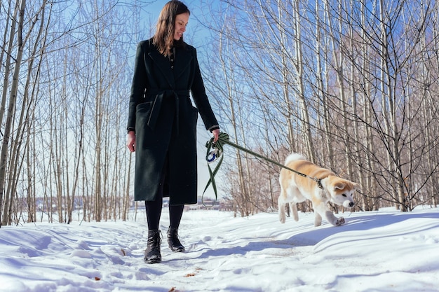 Vrouw in donkergroene jas loopt haar akita inu-puppy aan groene riem in besneeuwd steegje