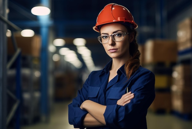 vrouw in een beschermende helm en uniform werkend in een magazijn in een fabriek