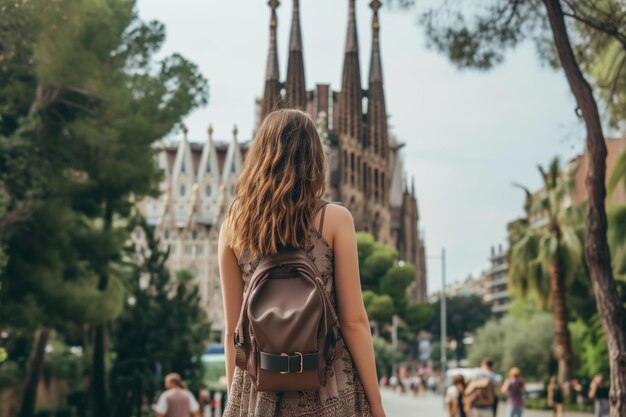 Vrouw in een bloeiende jurk met een rugzak op zoek naar een toeristische attractie