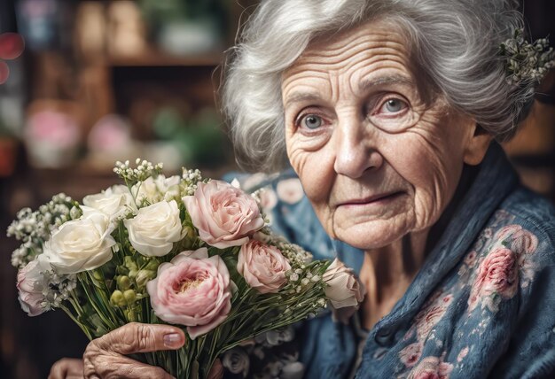 Foto vrouw in een bloemrijke jurk met een boeket bloemen