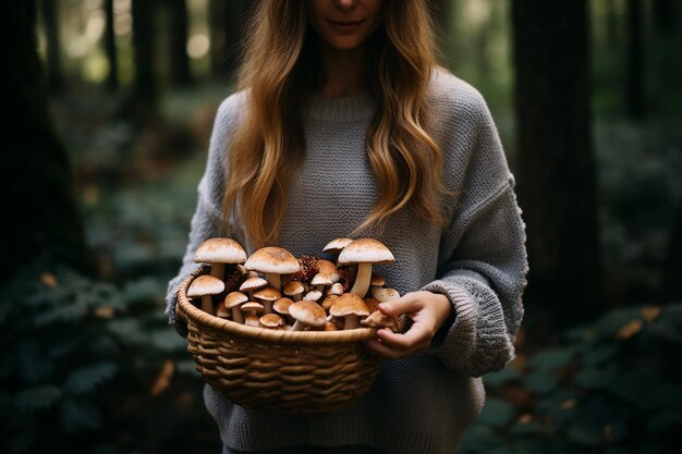 Vrouw in een gebreide bruine trui met een mandje