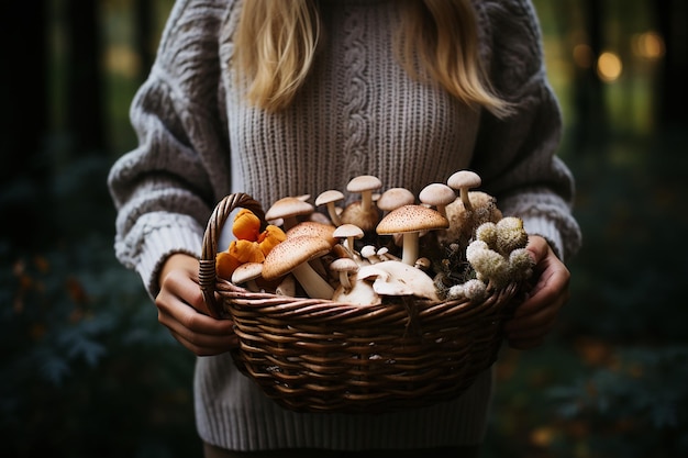 Vrouw in een gebreide bruine trui met een mandje