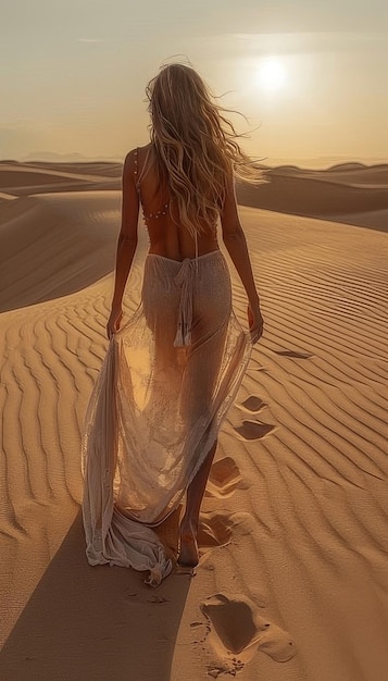 Vrouw in een geweldige zijden trouwjurk met een fantastisch uitzicht op de zandduinen van de Sahara woestijn