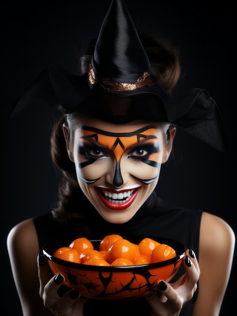 Vrouw in een Halloween-kostuum met een kom snoep met een ondeugende grijns