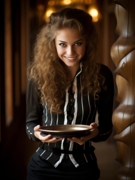 Vrouw in een Halloween-kostuum met een kom snoep met een ondeugende grijns