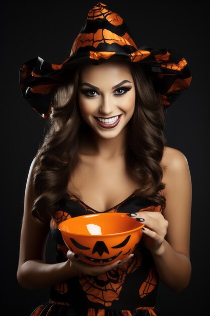 Foto vrouw in een halloween-kostuum met een kom snoep met een ondeugende grijns