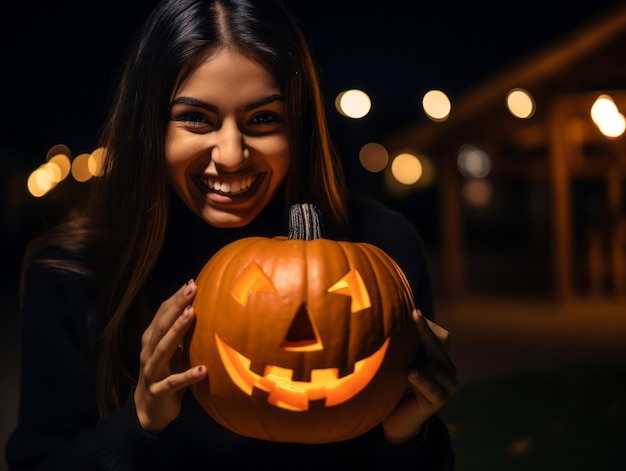 Vrouw in een Halloween-kostuum met een speelse pose