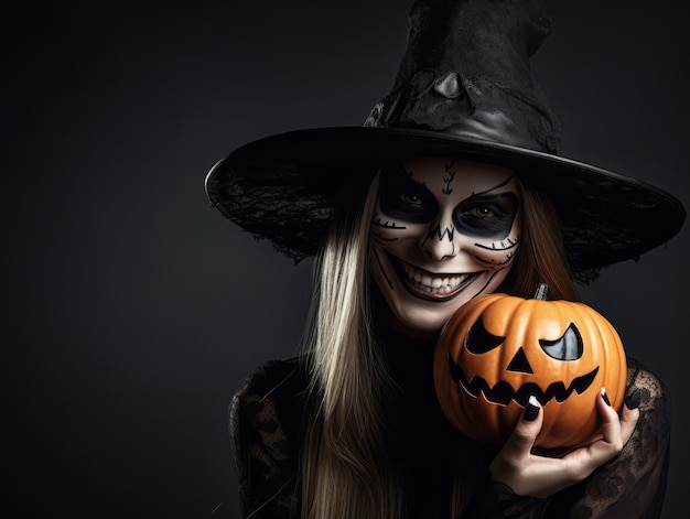 Vrouw in een Halloween kostuum met een speelse pose