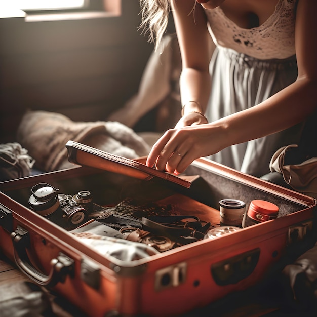 Vrouw in een kamer die een koffer klaarmaakt voor een reis Reisfoto Generatieve ai