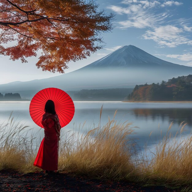 Foto vrouw in een kimono met een rode paraplu staat voor de berg fuji