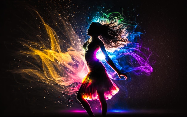 Foto vrouw in een kleurrijke jurk danst generative ai