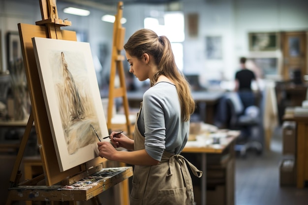 vrouw in een kunstacademie die een schort draagt die op een easel tekent