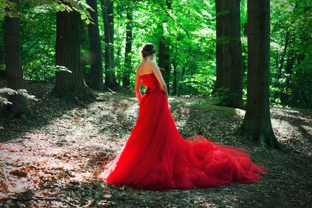 Vrouw in een lange rode jurk en een koninklijke kroon in het mistige bos