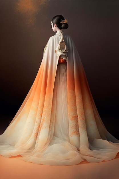 Vrouw in een lange witte en oranje jurk generatieve ai