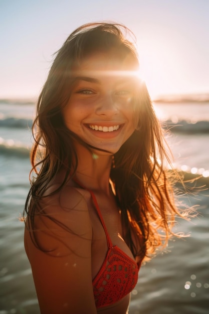 Vrouw in een rode bikini glimlacht naar de camera.