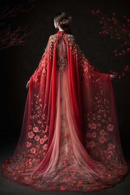 Vrouw in een rode jurk met bloemen erop generatieve ai