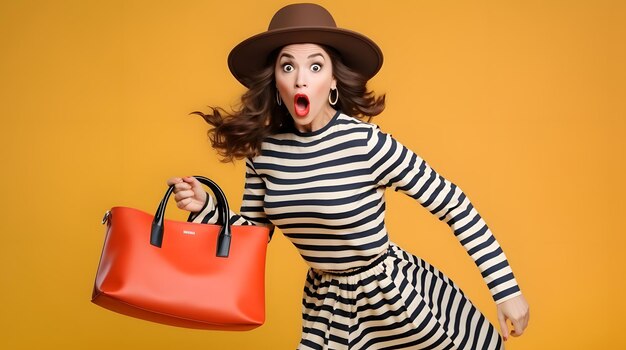 Vrouw in een stijlvolle outfit die op oranje achtergrond loopt en een tas vasthoudt