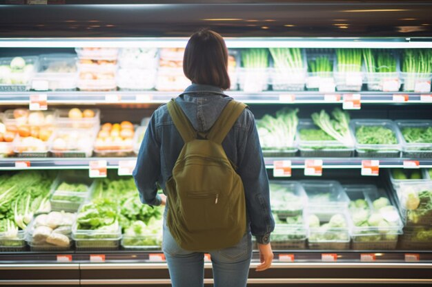 Vrouw in een supermarkt die naar groenten kijkt in een vitrine