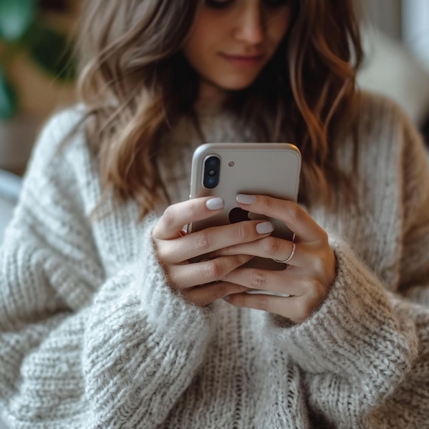 Vrouw in een trui die naar haar mobiele telefoon kijkt