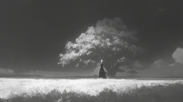 vrouw in een veld bij een boom
