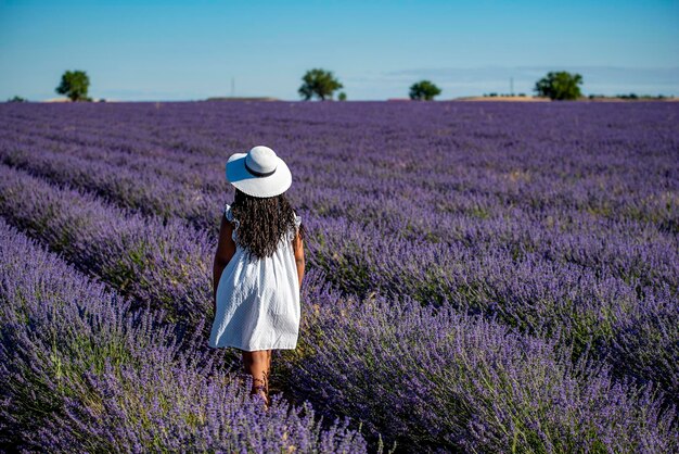 Vrouw in een veld met lavendelbloemen