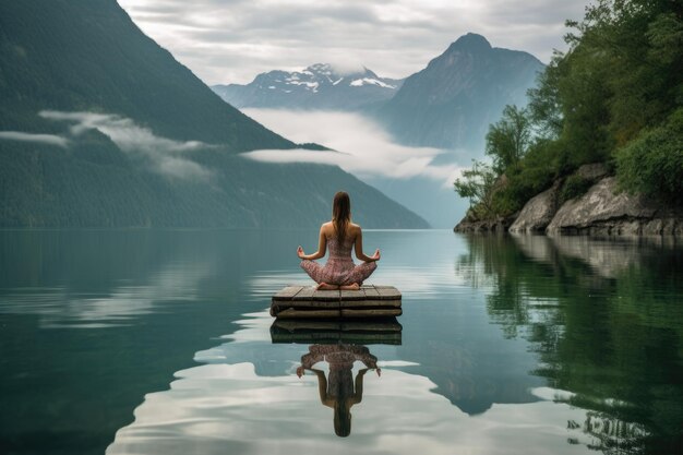 Vrouw in een yogapraktijk op het wateroppervlak Generatieve AI