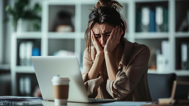 Vrouw in een zakelijke kleding die gestrest of vermoeid lijkt te zitten voor haar laptop