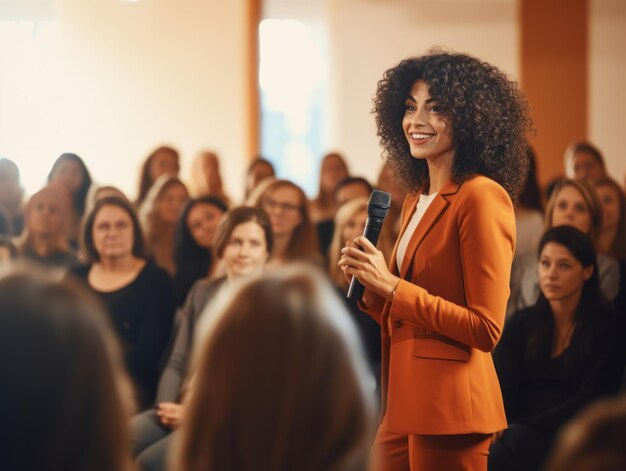 vrouw in een zakelijke vergadering die met vertrouwen leidt