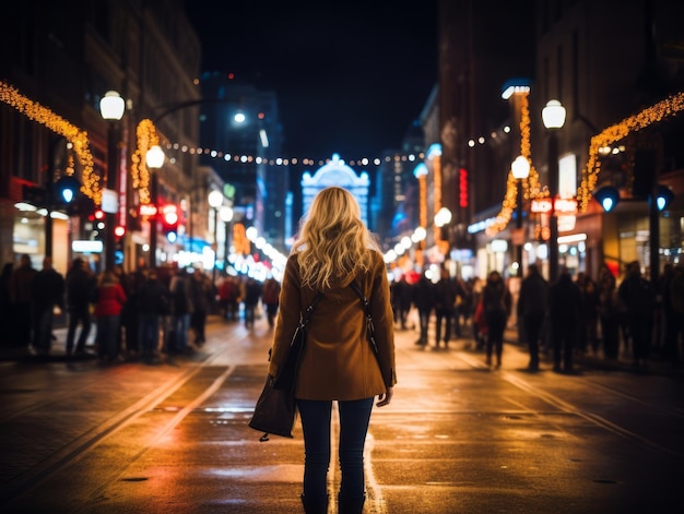 vrouw in futuristische kleding geniet van een ontspannen wandeling door de neonstraten van de stad