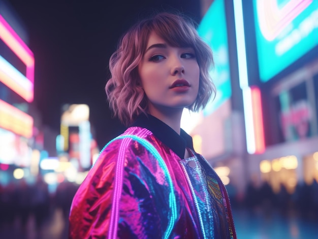 vrouw in futuristische kleding geniet van een ontspannen wandeling door de neonstraten van de stad